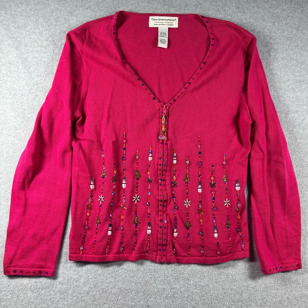 Tiara International Christmas Collection‎ Pink Beaded Sequined Zip Up Cardigan L